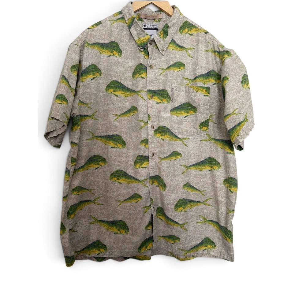 Columbia River Lodge Mahi Mahi Fish Print Shirt Mens XXL Tan Green FM7202